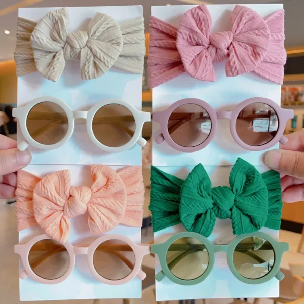 2 Pcs/Set New Children Solid Color Cotton Bowknot Wide Hairband Round Sunglasses Set Baby Girls Sunglasses Kids Hair Accessories - Image 2