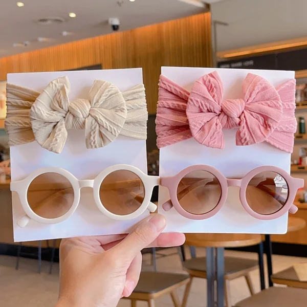 2 Pcs/Set New Children Solid Color Cotton Bowknot Wide Hairband Round Sunglasses Set Baby Girls Sunglasses Kids Hair Accessories - Image 5