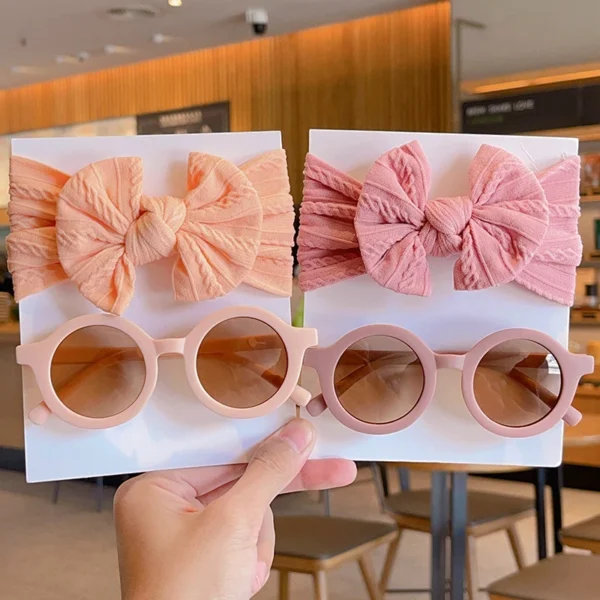 2 Pcs/Set New Children Solid Color Cotton Bowknot Wide Hairband Round Sunglasses Set Baby Girls Sunglasses Kids Hair Accessories - Image 4