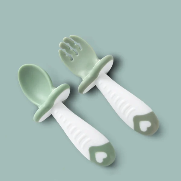 2Pcs/Set Baby Spoon Fork Silicone Children's Cutlery Set Feeding Baby Baby Tableware Baby Learn Spoon Set Short Easy Spoon - Image 3